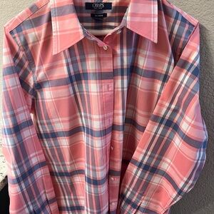 Chaps women’s L Pink blue Plaid Button-Up Shirt